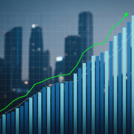 Visualize financial success with a dynamic business graph showing upward trends against a backdrop of a modern city skyline, symbolizing economic prosperity and growth.の素材