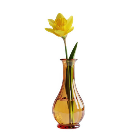A solitary, vibrant yellow tulip stands tall in a beautifully fluted amber glass vase. The delicate flower and elegant vase create a stunning minimalist composition, perfect for adding a touch of natural beauty.の素材