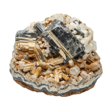 A striking natural mineral specimen featuring intricate crystal structures and a palette of earthy browns, greens, and grays. This geological treasure showcases the beauty of raw earth elements.の素材