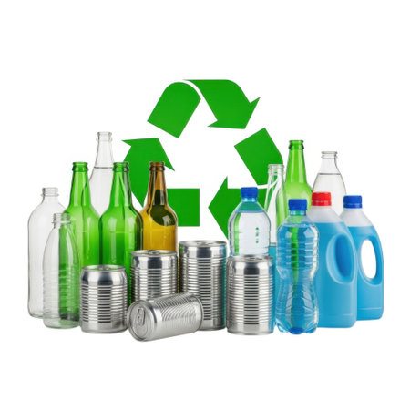 A vibrant green recycling symbol stands prominently behind a collection of various recyclable materials including glass bottles plastic jugs and aluminum cans emphasizing sustainable waste management.の素材