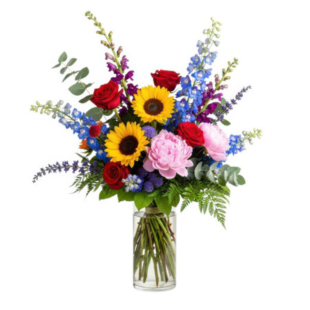 A lively arrangement of bright sunflowers, deep red roses, soft pink peonies, and blue delphiniums accented with greenery, presented in a clear vase. Perfect for any occasion.の素材