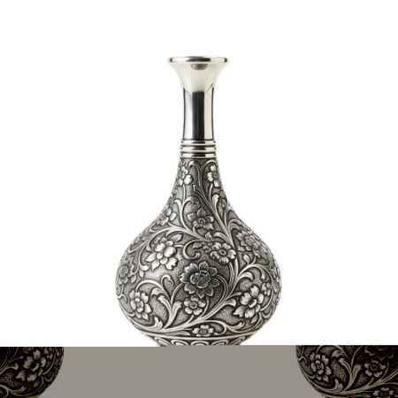 A close-up studio shot showcases a beautifully detailed vintage silver bottle. Its bulbous body features elaborate floral embossing complemented by delicate metallic highlights, evoking classic elegance and craftsmanship.の素材