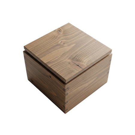 A simple, textured brown cardboard box with its lid slightly ajar is presented in a close-up overhead perspective. Ideal for packaging or storage concepts.の素材