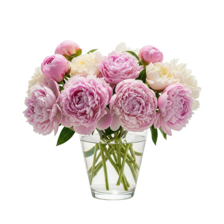 A stunning bouquet of delicate pink and white peonies is showcased in a clear glass vase. This soft floral arrangement adds elegance and a touch of nature's beauty to any setting.の素材
