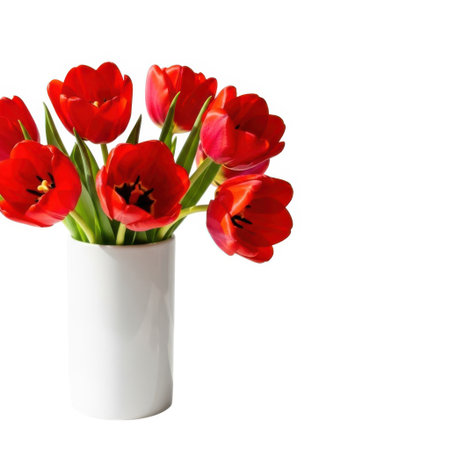 A bouquet of stunning red tulips artfully displayed in a simple white vase, bringing a fresh and elegant floral accent to any space.の素材