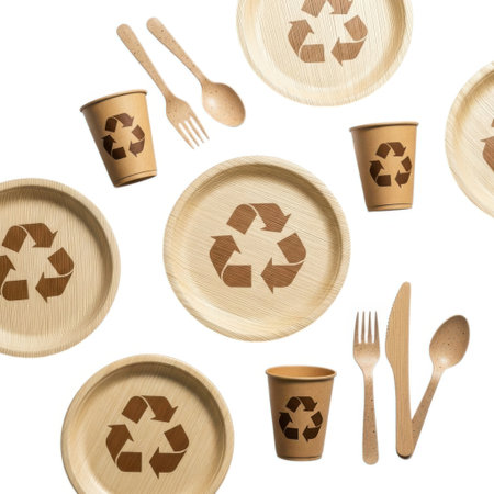 Seamless pattern showcasing biodegradable and compostable tableware including plates, cups, and cutlery. Each item features a prominent recycling symbol, highlighting sustainable dining options for events and everyday use.の素材