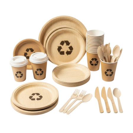 A collection of compostable plates cups and cutlery featuring the universal recycling symbol perfect for environmentally conscious events and everyday use.の素材