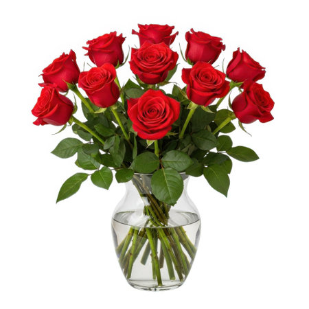 A stunning arrangement of vibrant red roses presented in a clear glass vase, symbolizing love and passion. Ideal for gifting on anniversaries, Valentine's Day, or special celebrations.の素材