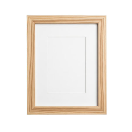 A clean, simple wooden picture frame with a white mat designed to showcase your favorite photos or artwork. Perfect for adding a touch of natural elegance to any room.の素材