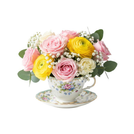 A beautiful arrangement of soft pink roses and vibrant yellow buttercups sits elegantly within a vintage teacup and saucer. Delicate baby's breath and greenery add a touch of freshness and charm to this delightful floral display.の素材