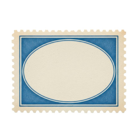 A vintage-style postage stamp graphic featuring a textured blue frame surrounding an empty cream-colored oval. Perfect for custom designs, scrapbooking, or adding a retro touch to projects.の素材