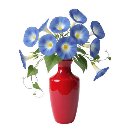 A bright red vase elegantly displays a stunning bouquet of blooming blue morning glory flowers. This captivating floral arrangement brings natural beauty and vibrant color indoors, perfect for any setting.の素材