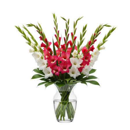 A vibrant bouquet of red and white gladiolus flowers elegantly displayed in a clear glass vase. Perfect for adding a touch of sophistication and color to any event or home decor.の素材