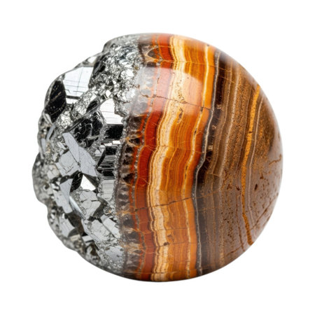 A striking circular geode slice showcasing a fascinating contrast between sharp, metallic crystal formations and warm, banded agate layers with rich earthy tones.の素材