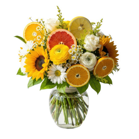 A lively floral arrangement featuring bright sunflowers, colorful citrus slices like oranges and grapefruits, and delicate white flowers presented in a clear glass vase.の素材
