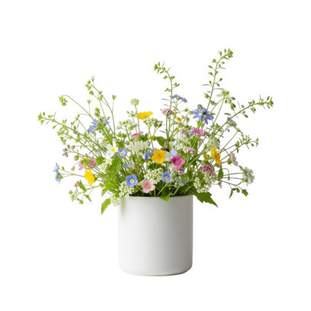 A beautiful arrangement of delicate wildflowers in a sleek white vase. This natural and vibrant bouquet brings the essence of a summer meadow into any space.の素材