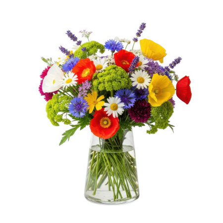 A cheerful and colorful bouquet featuring a variety of wildflowers and blossoms, artfully arranged in a clear glass vase, perfect for any occasion.の素材