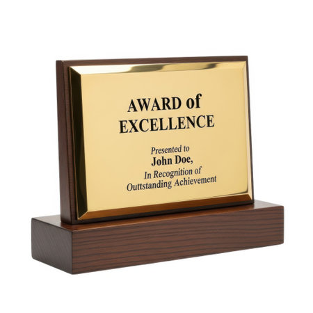 A polished wooden plaque mounted on a dark wooden base, featuring a golden plate engraved with 'AWARD of EXCELLENCE'. Ideal for celebrating outstanding achievements and corporate recognition.の素材