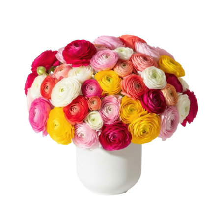 A lush bouquet brimming with colorful ranunculus blossoms in shades of pink, red, yellow, and white, artfully arranged in a minimalist white vase, perfect for adding natural beauty.の素材