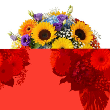 A cheerful and colorful arrangement featuring bright sunflowers gerbera daisies blue hydrangeas and purple asters presented in a clear glass vase. This bouquet radiates joy and natural beauty.の素材