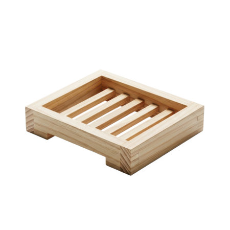 Elevate your bathroom or kitchen with this natural wood soap dish. Its slatted design ensures excellent drainage, keeping your soap dry and lasting longer. A simple and elegant accessory.の素材