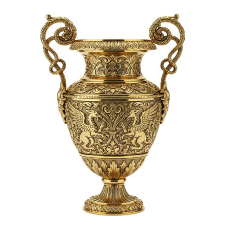 A highly detailed golden urn adorned with elaborate ancient-style relief carvings depicting figures and ornate patterns. This classical decorative piece features gracefully curved handles, showcasing masterful craftsmanship.の素材