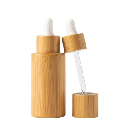 Elegant bamboo dropper bottle designed for essential oils serums and other beauty liquids. Features a natural wood texture and a convenient dropper applicator for precise dispensing.の素材