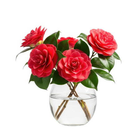 A beautiful arrangement of lush red camellia flowers is presented in a clear glass vase filled with water. The bright crimson petals and green leaves create a striking natural display, perfect for adding elegance to any setting.の素材
