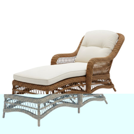 A stylish wicker chaise lounge featuring a comfortable, thick white cushion. This piece is perfect for enjoying leisure time in your garden, patio, or by the pool.の素材