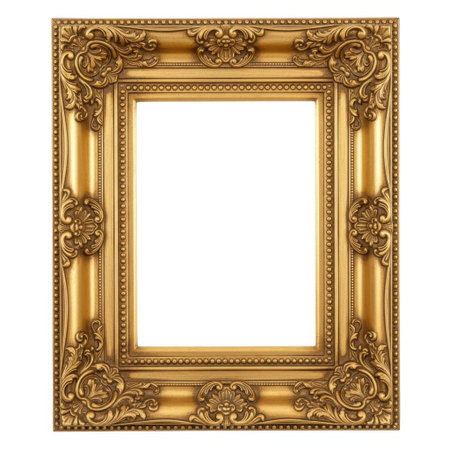 A detailed close-up of a richly ornate golden picture frame featuring elaborate carvings and a classic baroque design. Perfect for displaying cherished memories or artwork.の素材