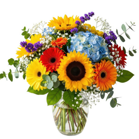 A cheerful mixed flower arrangement bursting with bright colors including sunflowers gerbera daisies hydrangeas and delicate baby's breath presented in a clear glass vase.の素材