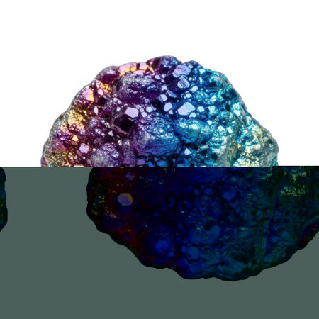 A stunning peacock ore crystal geode showcasing a dazzling spectrum of iridescent metallic colors. This natural wonder is perfect for collectors and adds a touch of prismatic beauty to any space.の素材