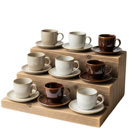 A collection of ten stylish espresso coffee cups and matching saucers are neatly arranged on a multi-level display stand, perfect for home or cafe settings.の素材