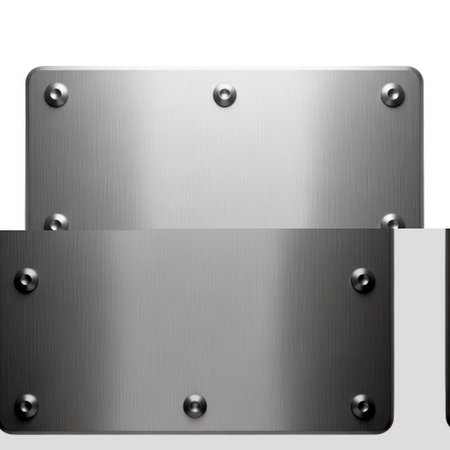 A clean, reflective metallic plate with visible rivets. This versatile blank surface is ideal for adding custom graphics logos or text for various creative projects.の素材
