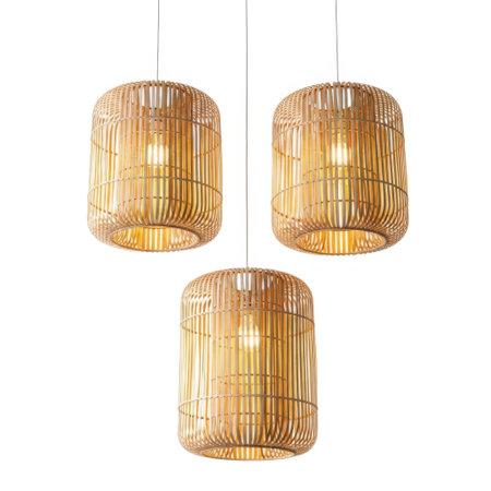A set of three cylindrical pendant lights crafted from woven rattan, suspended by thin cords. The warm light glows through the natural material, creating a cozy and inviting atmosphere.の素材
