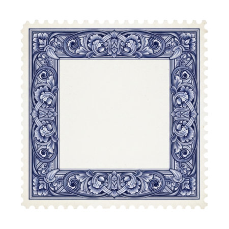 A detailed square frame featuring intricate blue floral patterns and swirling motifs. This decorative border provides a classic and elegant design element for various creative applications.の素材