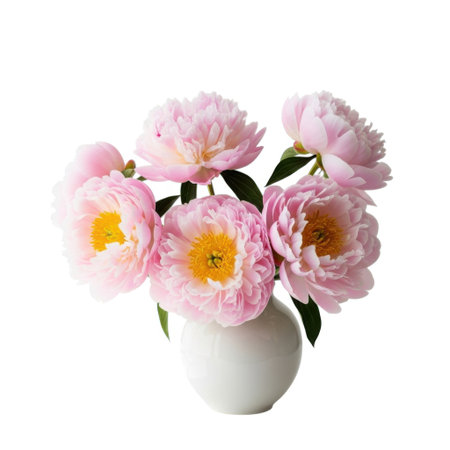A delicate arrangement of fluffy pink peonies in a simple white vase. These elegant blooms bring a touch of natural beauty and springtime charm to any space.の素材