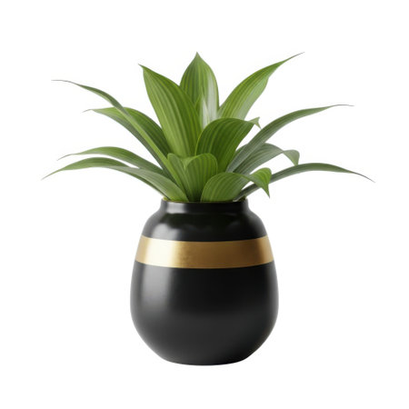 A modern black planter with a striking gold band, resembling a pineapple, holds vibrant green foliage. Adds a touch of contemporary elegance and natural beauty.の素材