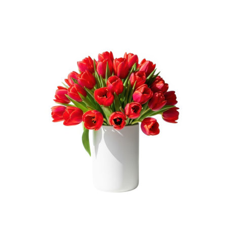 A stunning bouquet of fresh red tulips gracefully arranged in a modern white vase. This image evokes the beauty and joy of spring, perfect for decorative or celebratory purposes.の素材
