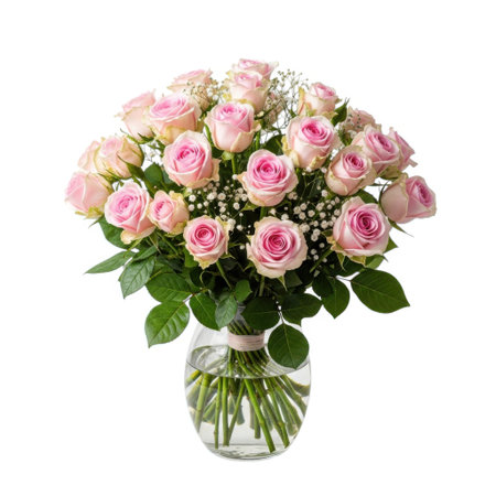 A stunning arrangement of soft pink roses interspersed with delicate filler flowers, presented in a clear glass vase. This charming bouquet evokes romance and elegance, perfect for gifting or enhancing decor.の素材
