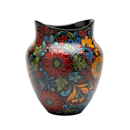 A beautifully crafted ceramic vase adorned with a rich tapestry of hand-painted floral designs and cascading grapevines. This artful piece adds a touch of elegance and color to any interior space.の素材