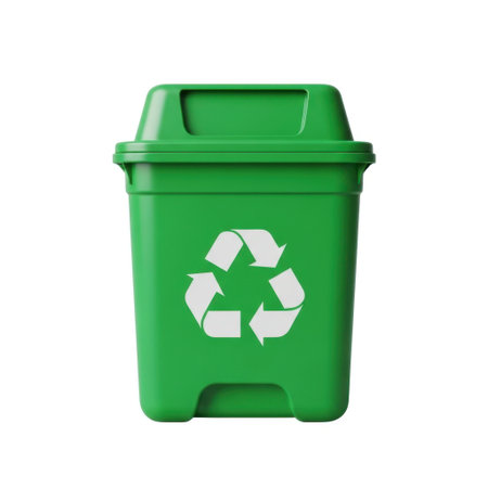 A vibrant green recycling bin featuring the iconic three-arrow recycling symbol. Ideal for promoting eco-friendly practices and proper waste sorting in homes, offices, and public spaces.の素材