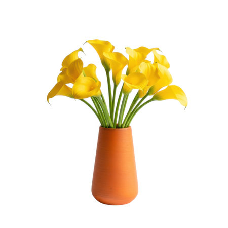 A bright arrangement of artificial yellow calla lilies in a warm terracotta-colored vase creates a cheerful and inviting atmosphere, perfect for adding a touch of natural beauty to any space.の素材