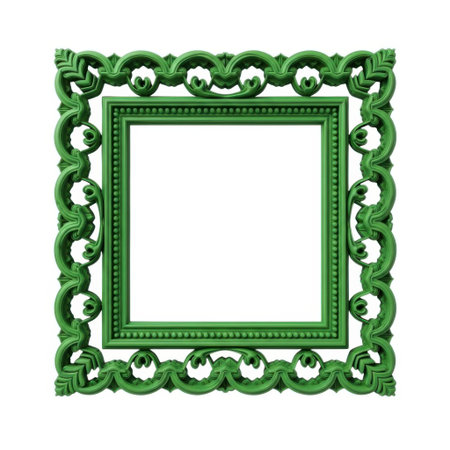 A richly detailed ornate green square photo frame featuring intricate carvings and decorative spheres. This elegant frame is perfect for showcasing photographs, artwork, or mirrors, adding a touch of classic sophistication.の素材
