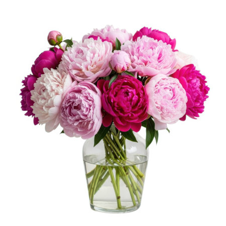 A stunning arrangement of vibrant pink and magenta peonies showcases their lush petals and delicate beauty. This floral display in a clear vase adds elegance and color to any setting.の素材