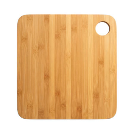 A close-up view of a simple, square bamboo cutting board. Its natural wood grain and a convenient hanging hole make it a stylish and practical kitchen accessory.の素材