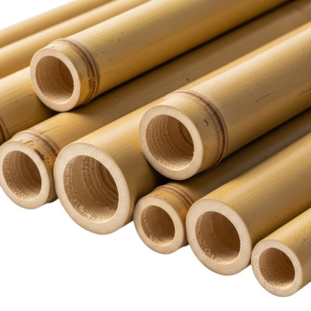 A close-up view of a bundle of natural bamboo poles, showcasing their hollow interiors and textured surfaces. Ideal for organic design inspiration, crafting projects, and sustainable decor.の素材