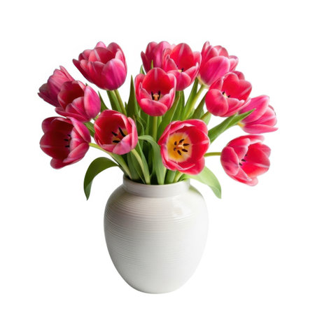A beautiful bouquet of fresh, bright pink tulips showcasing their delicate petals and vibrant colors, thoughtfully placed in a simple ceramic vase, creating a stunning floral display.の素材