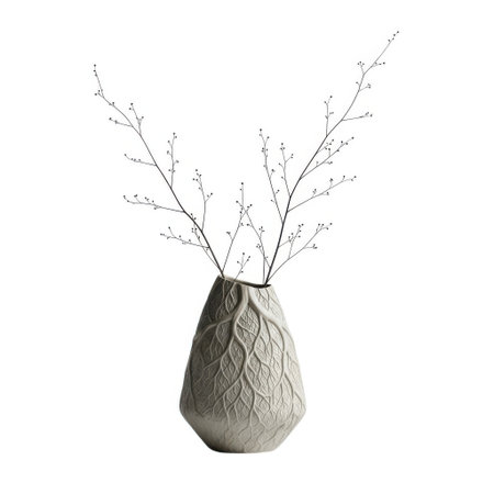 A unique textured ceramic vase with a soft green hue holds delicate, minimalist branches. This artful arrangement brings a touch of modern elegance and natural beauty to any interior space.の素材