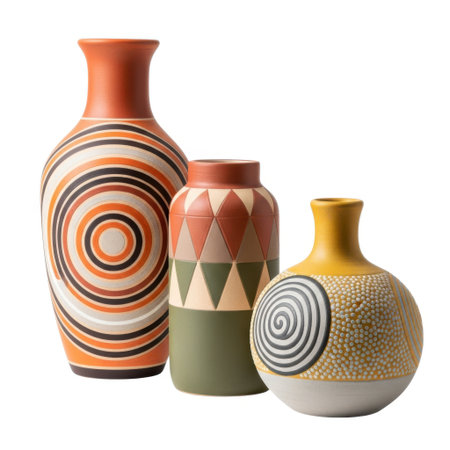A collection of three ceramic vases, each featuring a unique geometric pattern and warm, earthy color palette. These decorative pieces add artistic flair to any home decor setting.の素材